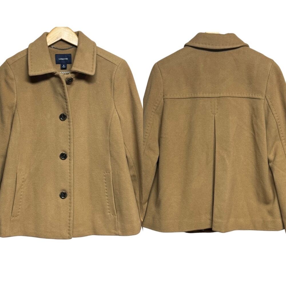 Lands End Wool Cashmere Blend Camel Tan Coat Classic Button Front Size 6